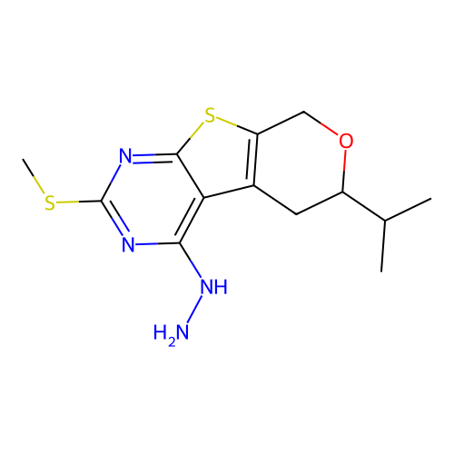 4-hydrazinyl-2-(methylsulfanyl)-6-(propan-2-yl)-5,8-dihydro-6H-pyrano[4',3':4,5]thieno[2,3-d]pyrimidine structure