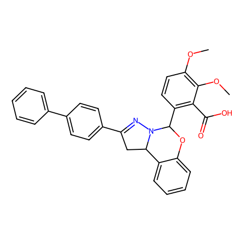 2,3-dimethoxy-6-[2-(4-phenylphenyl)-5,10b-dihydro-1H-pyrazolo[1,5-c][1,3]benzoxazin-5-yl]benzoic acid structure