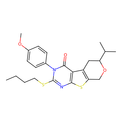 2-(butylsulfanyl)-3-(4-methoxyphenyl)-6-(propan-2-yl)-3,5,6,8-tetrahydro-4H-pyrano[4',3':4,5]thieno[2,3-d]pyrimidin-4-one structure