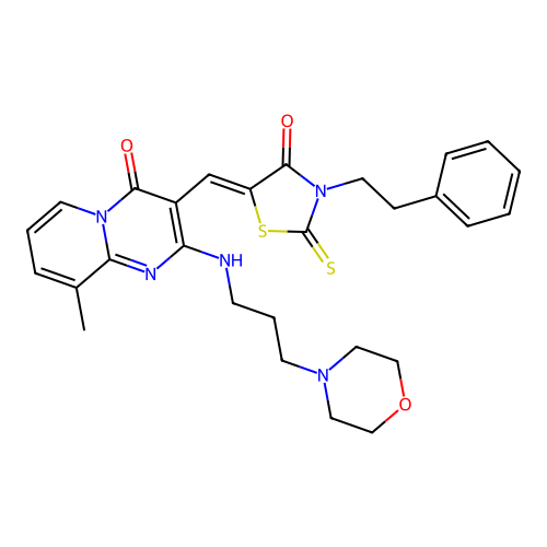 (Z)-5-((9-methyl-2-((3-morpholinopropyl)amino)-4-oxo-4H-pyrido[1,2-a]pyrimidin-3-yl)methylene)-3-phenethyl-2-thioxothiazolidin-4-one structure