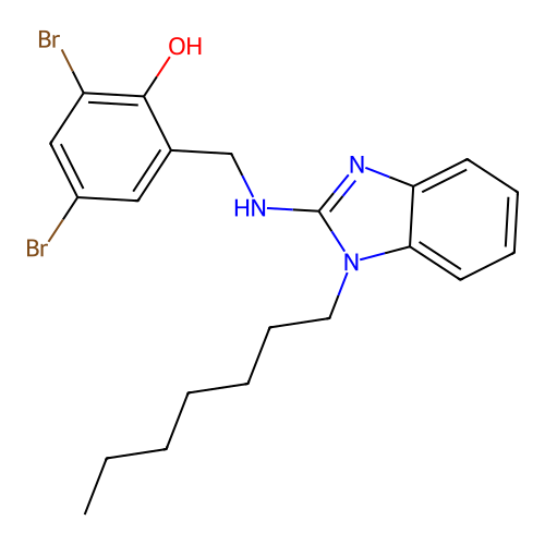 2,4-dibromo-6-(((1-heptyl-1H-benzo[d]imidazol-2-yl)amino)methyl)phenol structure