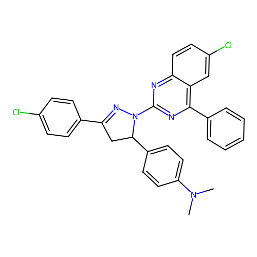 4-(1-(6-chloro-4-phenylquinazolin-2-yl)-3-(4-chlorophenyl)-4,5-dihydro-1H-pyrazol-5-yl)-N,N-dimethylaniline structure