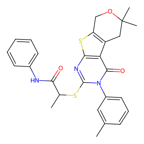 2-((6,6-dimethyl-4-oxo-3-(m-tolyl)-4,5,6,8-tetrahydro-3H-pyrano[4',3':4,5]thieno[2,3-d]pyrimidin-2-yl)thio)-N-phenylpropanamide structure