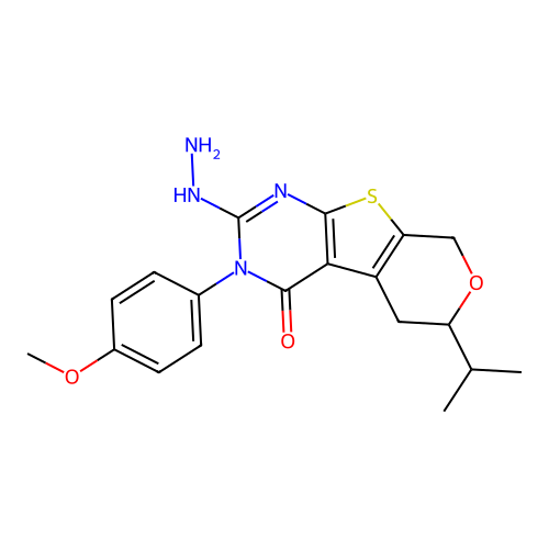 2-hydrazinyl-3-(4-methoxyphenyl)-6-(propan-2-yl)-3,5,6,8-tetrahydro-4H-pyrano[4',3':4,5]thieno[2,3-d]pyrimidin-4-one structure