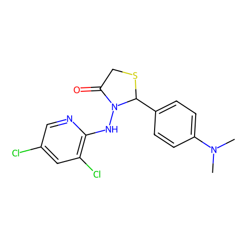 3-((3,5-dichloropyridin-2-yl)amino)-2-(4-(dimethylamino)phenyl)thiazolidin-4-one structure