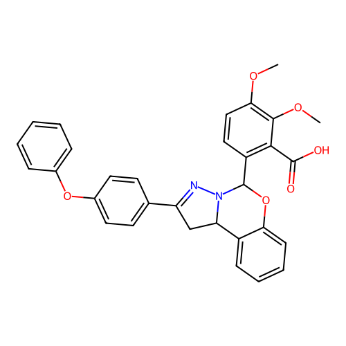 2,3-dimethoxy-6-(2-(4-phenoxyphenyl)-5,10b-dihydro-1H-benzo[e]pyrazolo[1,5-c][1,3]oxazin-5-yl)benzoic acid structure