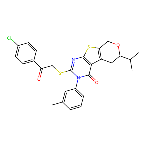 2-((2-(4-chlorophenyl)-2-oxoethyl)thio)-6-isopropyl-3-(m-tolyl)-5,6-dihydro-3H-pyrano[4',3':4,5]thieno[2,3-d]pyrimidin-4(8H)-one structure