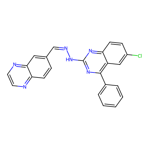 6-chloro-4-phenyl-2-[(2Z)-2-(quinoxalin-6-ylmethylidene)hydrazinyl]quinazoline structure