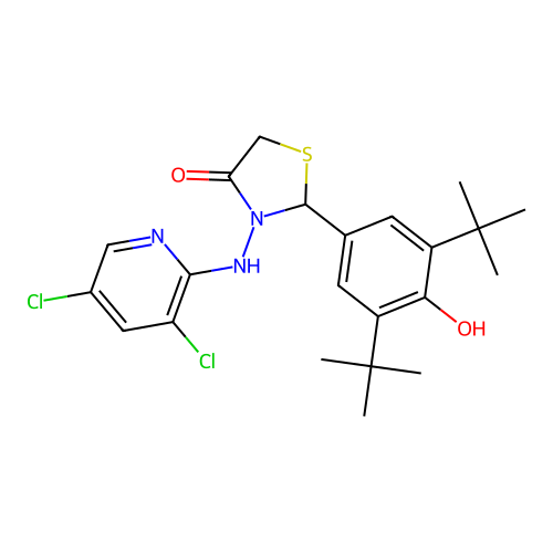 2-(3,5-di-tert-butyl-4-hydroxyphenyl)-3-((3,5-dichloropyridin-2-yl)amino)thiazolidin-4-one structure