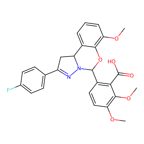 6-(2-(4-fluorophenyl)-7-methoxy-5,10b-dihydro-1H-benzo[e]pyrazolo[1,5-c][1,3]oxazin-5-yl)-2,3-dimethoxybenzoic acid structure