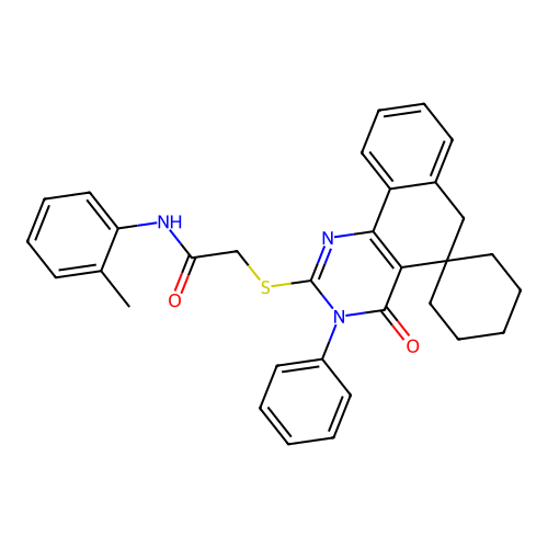 2-((4-oxo-3-phenyl-4,6-dihydro-3H-spiro[benzo[h]quinazoline-5,1'-cyclohexan]-2-yl)thio)-N-(o-tolyl)acetamide structure