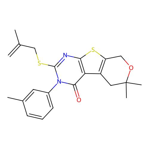 6,6-dimethyl-2-((2-methylallyl)thio)-3-(m-tolyl)-5,6-dihydro-3H-pyrano[4',3':4,5]thieno[2,3-d]pyrimidin-4(8H)-one structure