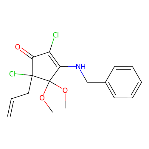 Cyclopent-2-enone, 5-allyl-3-benzylamino-2,5-dichloro-4,4-dimethoxy- structure