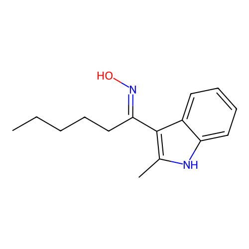 N-[1-(2-methyl-1H-indol-3-yl)hexylidene]hydroxylamine structure