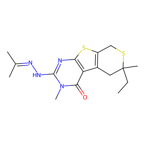 6-ethyl-3,6-dimethyl-2-(2-(propan-2-ylidene)hydrazinyl)-5,6-dihydro-3H-thiopyrano[4',3':4,5]thieno[2,3-d]pyrimidin-4(8H)-one structure
