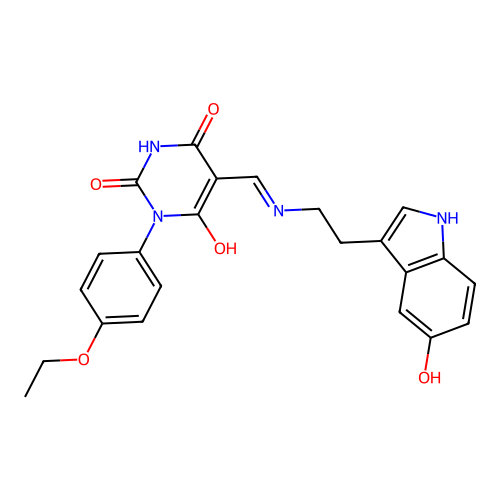 (5E)-1-(4-ethoxyphenyl)-5-[[2-(5-hydroxy-1H-indol-3-yl)ethylamino]methylidene]-1,3-diazinane-2,4,6-trione structure
