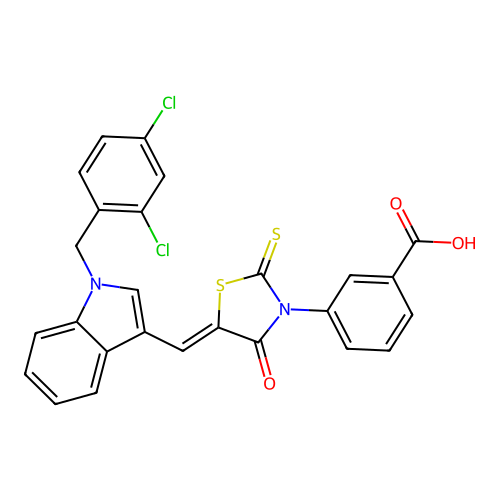 (Z)-3-(5-((1-(2,4-dichlorobenzyl)-1H-indol-3-yl)methylene)-4-oxo-2-thioxothiazolidin-3-yl)benzoic acid structure
