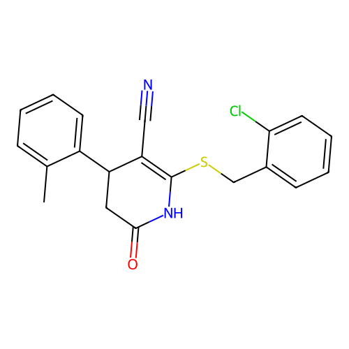 2-((2-chlorobenzyl)thio)-6-oxo-4-(o-tolyl)-1,4,5,6-tetrahydropyridine-3-carbonitrile structure