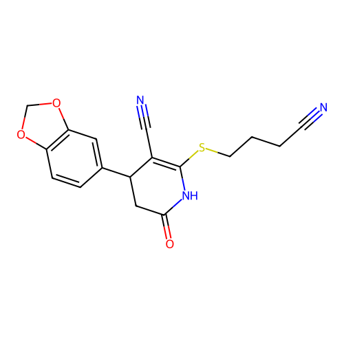 4-(1,3-benzodioxol-5-yl)-2-[(3-cyanopropyl)sulfanyl]-6-oxo-1,4,5,6-tetrahydropyridine-3-carbonitrile structure