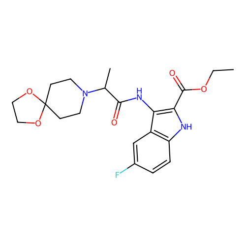 Ethyl 3-[2-(1,4-dioxa-8-azaspiro[4.5]decan-8-yl)propanoylamino]-5-fluoro-1H-indole-2-carboxylate structure