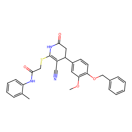 2-((4-(4-(benzyloxy)-3-methoxyphenyl)-3-cyano-6-oxo-1,4,5,6-tetrahydropyridin-2-yl)thio)-N-(o-tolyl)acetamide structure
