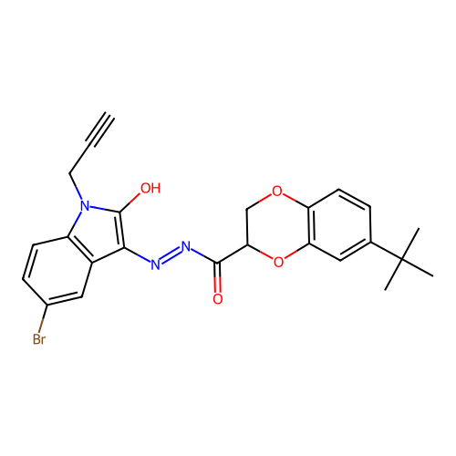 (E)-N'-(5-bromo-2-oxo-1-(prop-2-yn-1-yl)indolin-3-ylidene)-7-(tert-butyl)-2,3-dihydrobenzo[b][1,4]dioxine-2-carbohydrazide structure