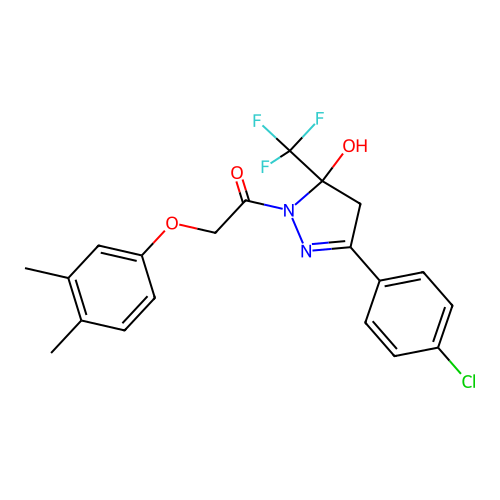 1-(3-(4-chlorophenyl)-5-hydroxy-5-(trifluoromethyl)-4,5-dihydro-1H-pyrazol-1-yl)-2-(3,4-dimethylphenoxy)ethanone structure