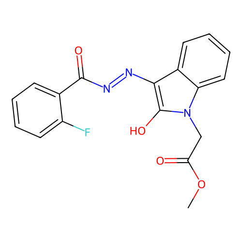 (Z)-methyl 2-(3-(2-(2-fluorobenzoyl)hydrazono)-2-oxoindolin-1-yl)acetate structure