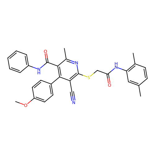 5-cyano-6-((2-((2,5-dimethylphenyl)amino)-2-oxoethyl)thio)-4-(4-methoxyphenyl)-2-methyl-N-phenylnicotinamide structure
