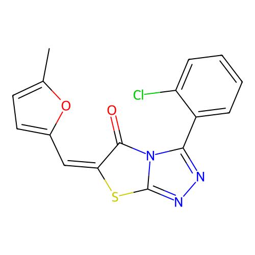 (E)-3-(2-chlorophenyl)-6-((5-methylfuran-2-yl)methylene)thiazolo[2,3-c][1,2,4]triazol-5(6H)-one structure