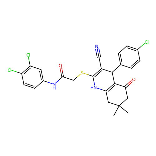 2-((4-(4-chlorophenyl)-3-cyano-7,7-dimethyl-5-oxo-1,4,5,6,7,8-hexahydroquinolin-2-yl)thio)-N-(3,4-dichlorophenyl)acetamide structure