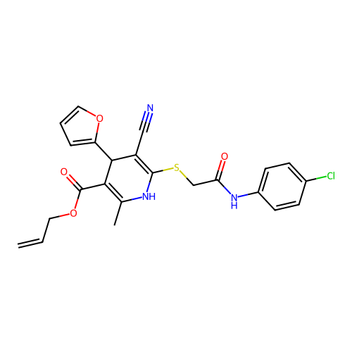 allyl 6-((2-((4-chlorophenyl)amino)-2-oxoethyl)thio)-5-cyano-4-(furan-2-yl)-2-methyl-1,4-dihydropyridine-3-carboxylate structure