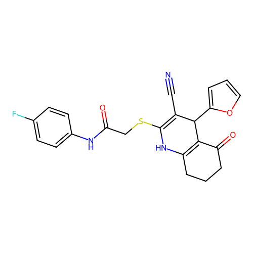 2-{[3-cyano-4-(furan-2-yl)-5-oxo-1,4,5,6,7,8-hexahydroquinolin-2-yl]sulfanyl}-N-(4-fluorophenyl)acetamide structure