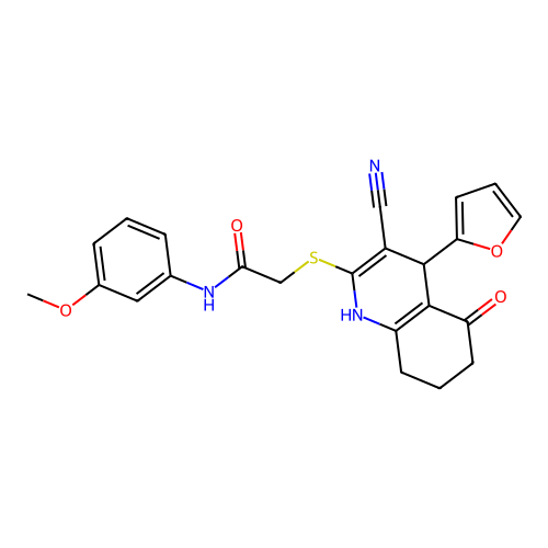 2-{[3-cyano-4-(furan-2-yl)-5-oxo-1,4,5,6,7,8-hexahydroquinolin-2-yl]sulfanyl}-N-(3-methoxyphenyl)acetamide structure
