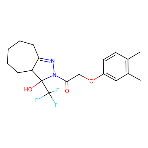 2-(3,4-dimethylphenoxy)-1-(3-hydroxy-3-(trifluoromethyl)-3a,4,5,6,7,8-hexahydrocyclohepta[c]pyrazol-2(3H)-yl)ethanone structure