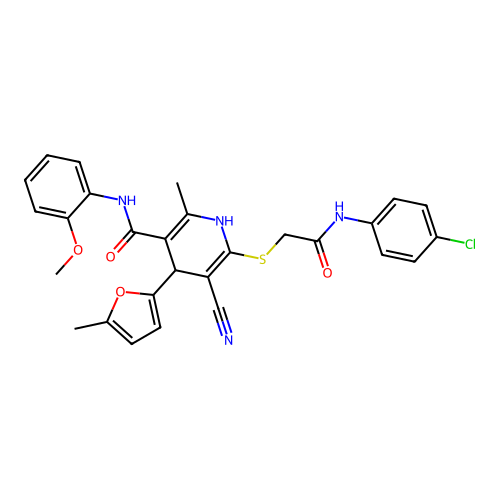 6-((2-((4-chlorophenyl)amino)-2-oxoethyl)thio)-5-cyano-N-(2-methoxyphenyl)-2-methyl-4-(5-methylfuran-2-yl)-1,4-dihydropyridine-3-carboxamide structure