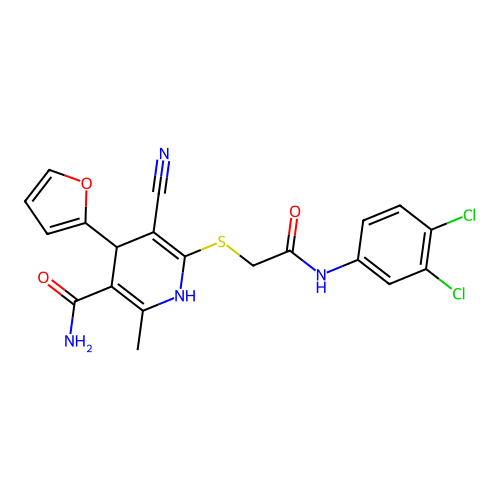 5-cyano-6-((2-((3,4-dichlorophenyl)amino)-2-oxoethyl)thio)-4-(furan-2-yl)-2-methyl-1,4-dihydropyridine-3-carboxamide structure