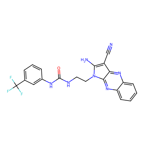 1-(2-(2-amino-3-cyano-1H-pyrrolo[2,3-b]quinoxalin-1-yl)ethyl)-3-(3-(trifluoromethyl)phenyl)urea structure