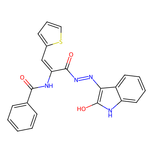 N-[(1E)-3-oxo-3-[(2E)-2-(2-oxo-1,2-dihydro-3H-indol-3-ylidene)hydrazinyl]-1-(thiophen-2-yl)prop-1-en-2-yl]benzamide structure