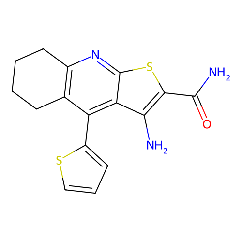 3-Amino-4-(thiophen-2-yl)-5,6,7,8-tetrahydrothieno[2,3-b]quinoline-2-carboxamide structure