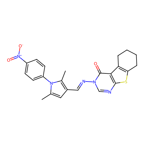 (E)-3-(((2,5-dimethyl-1-(4-nitrophenyl)-1H-pyrrol-3-yl)methylene)amino)-5,6,7,8-tetrahydrobenzo[4,5]thieno[2,3-d]pyrimidin-4(3H)-one structure