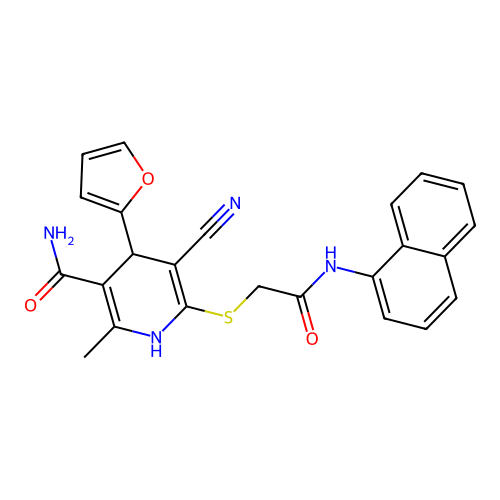 5-cyano-4-(furan-2-yl)-2-methyl-6-((2-(naphthalen-1-ylamino)-2-oxoethyl)thio)-1,4-dihydropyridine-3-carboxamide structure