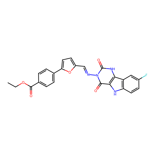 (E)-ethyl 4-(5-(((8-fluoro-2,4-dioxo-1H-pyrimido[5,4-b]indol-3(2H,4H,5H)-yl)imino)methyl)furan-2-yl)benzoate structure