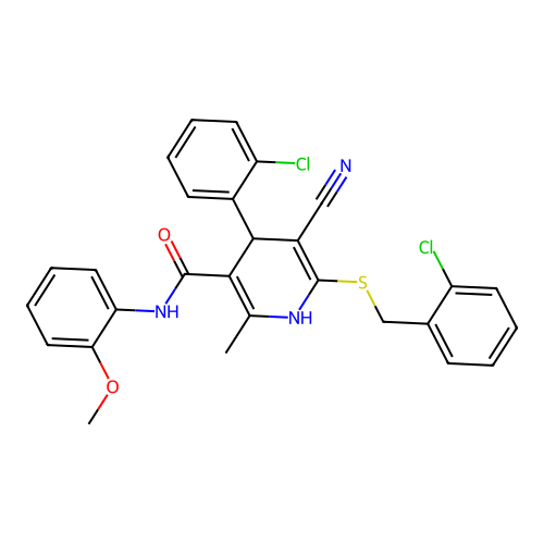 4-(2-chlorophenyl)-6-[(2-chlorophenyl)methylsulfanyl]-5-cyano-N-(2-methoxyphenyl)-2-methyl-1,4-dihydropyridine-3-carboxamide structure