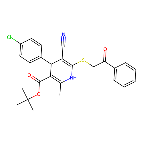 tert-butyl 4-(4-chlorophenyl)-5-cyano-2-methyl-6-((2-oxo-2-phenylethyl)thio)-1,4-dihydropyridine-3-carboxylate structure