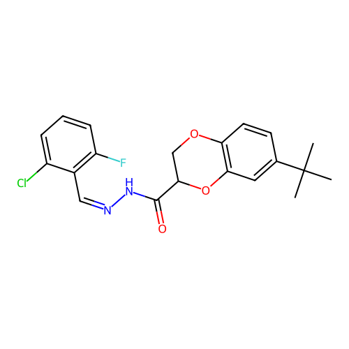 (Z)-7-(tert-butyl)-N'-(2-chloro-6-fluorobenzylidene)-2,3-dihydrobenzo[b][1,4]dioxine-2-carbohydrazide structure
