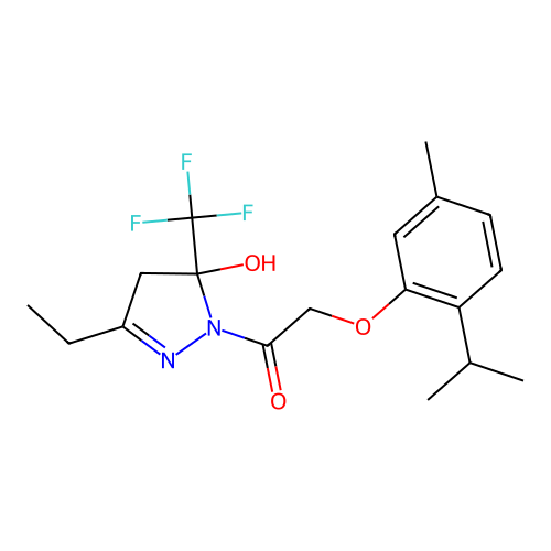 1-(3-ethyl-5-hydroxy-5-(trifluoromethyl)-4,5-dihydro-1H-pyrazol-1-yl)-2-(2-isopropyl-5-methylphenoxy)ethanone structure