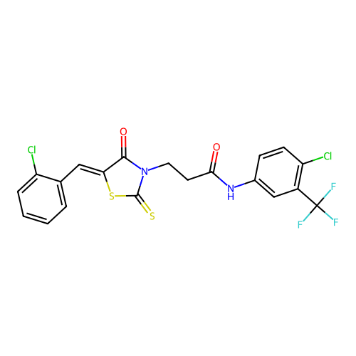 (Z)-N-(4-chloro-3-(trifluoromethyl)phenyl)-3-(5-(2-chlorobenzylidene)-4-oxo-2-thioxothiazolidin-3-yl)propanamide structure