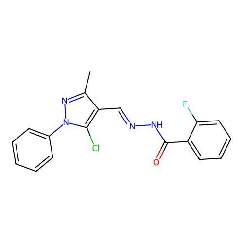 N-[(E)-(5-chloro-3-methyl-1-phenylpyrazol-4-yl)methylideneamino]-2-fluorobenzamide structure