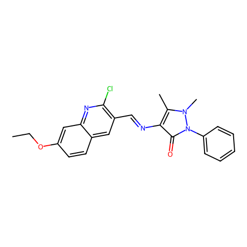 4-[(2-chloro-7-ethoxyquinolin-3-yl)methylideneamino]-1,5-dimethyl-2-phenylpyrazol-3-one structure